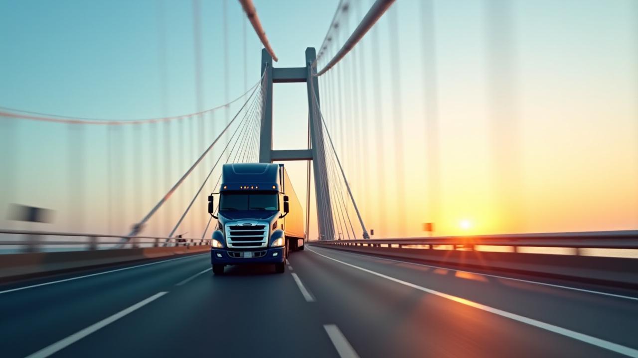 Heavy duty freight truck crossing the international border bridge at Laredo
