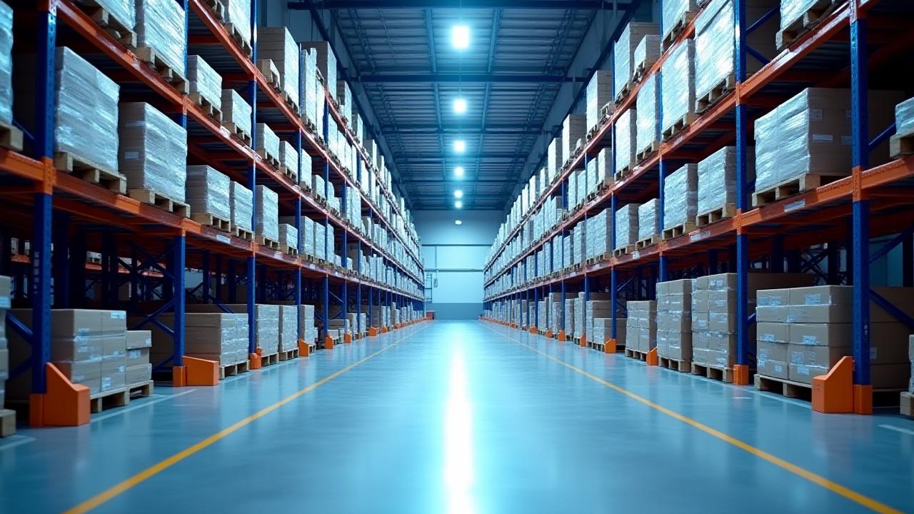 Modern automated warehouse with organized pallet racking system